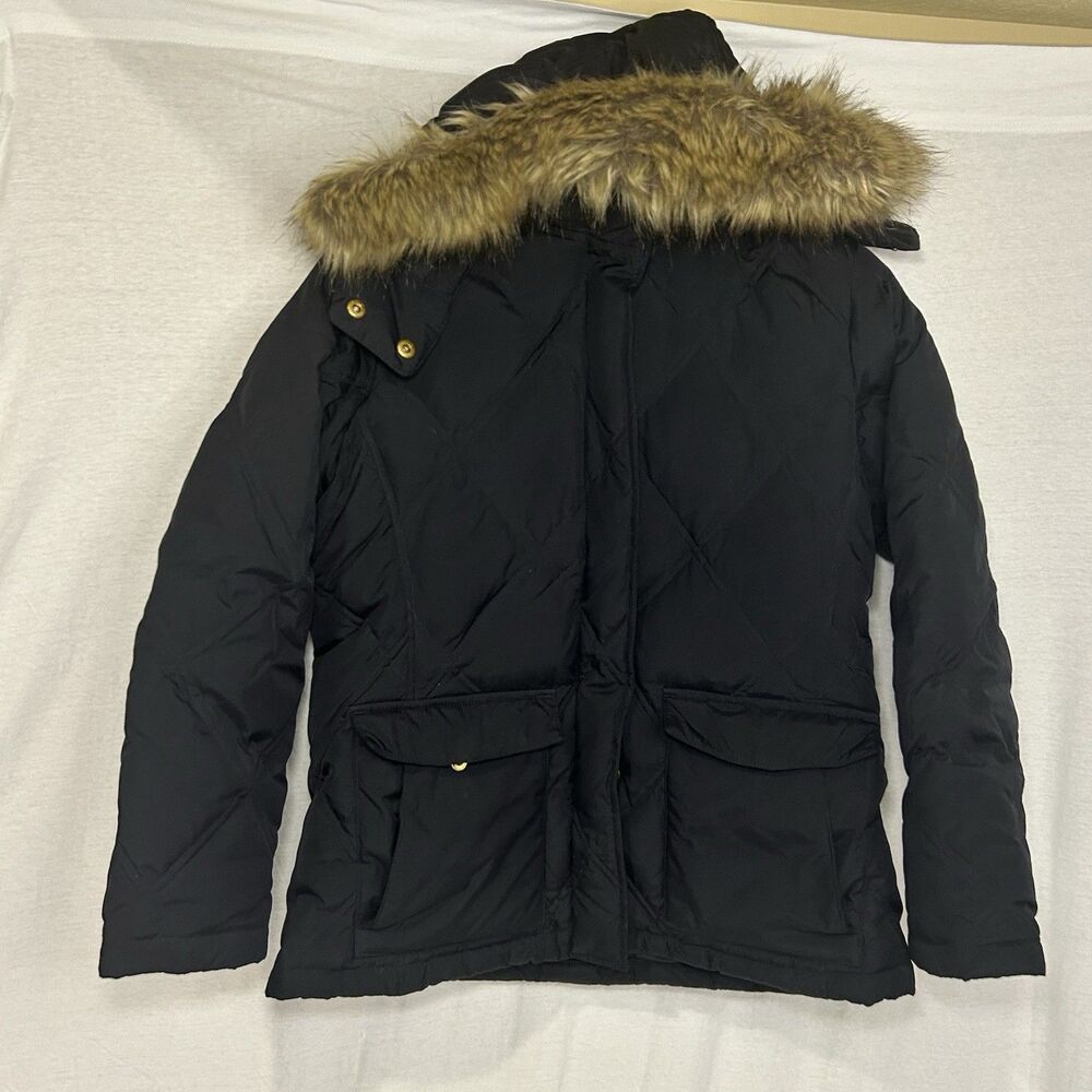 Lands End Wanderweight Goose Down Black Puffer Jacket Women’s Small Fur‎ Hooded